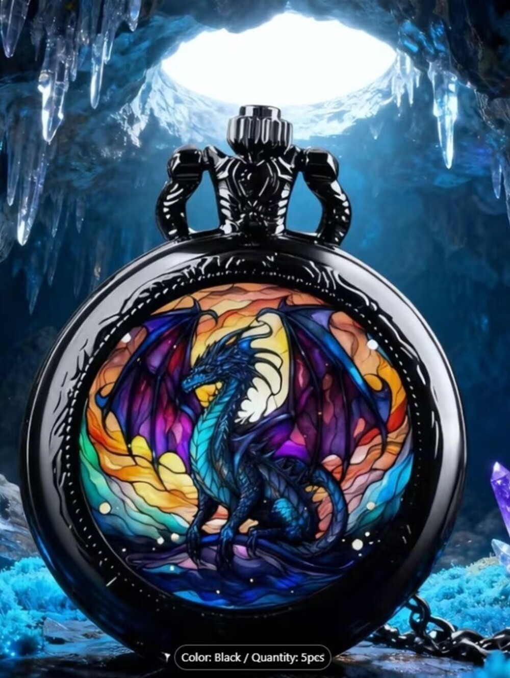 Black Dragon Stained Glass Style Pocket Watch with Chain